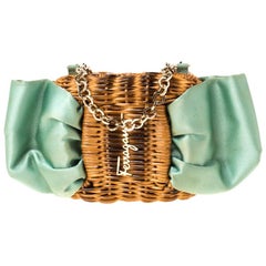 Salvatore Ferragamo Mint Green/Brown Rattan and Satin Bow Chain Clutch