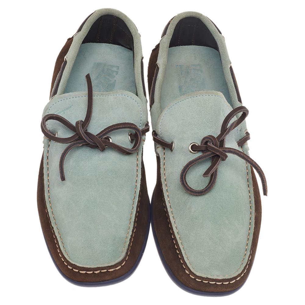 Black Salvatore Ferragamo Mint Green/Brown Suede And Leather Slip On Loafers Size 41.5