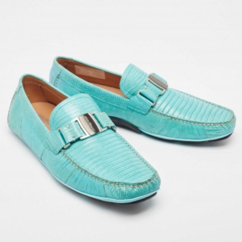 Salvatore Ferragamo Mintgrün Eidechse Sardegna Loafers Größe 44 im Zustand „Gut“ im Angebot in Dubai, Al Qouz 2