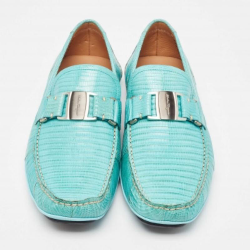Salvatore Ferragamo Mintgrün Eidechse Sardegna Loafers Größe 44 Herren im Angebot