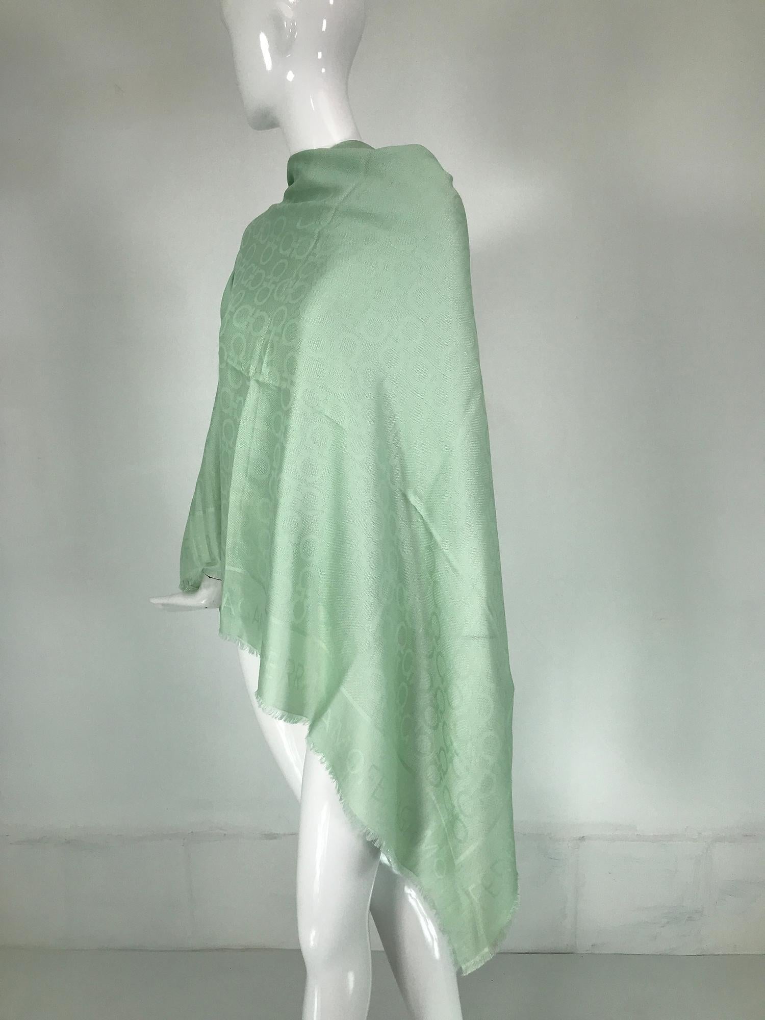 Salvatore Ferragamo Mint Green Silk & Wool Jacquard Shawl With Self Fringe For Sale 6
