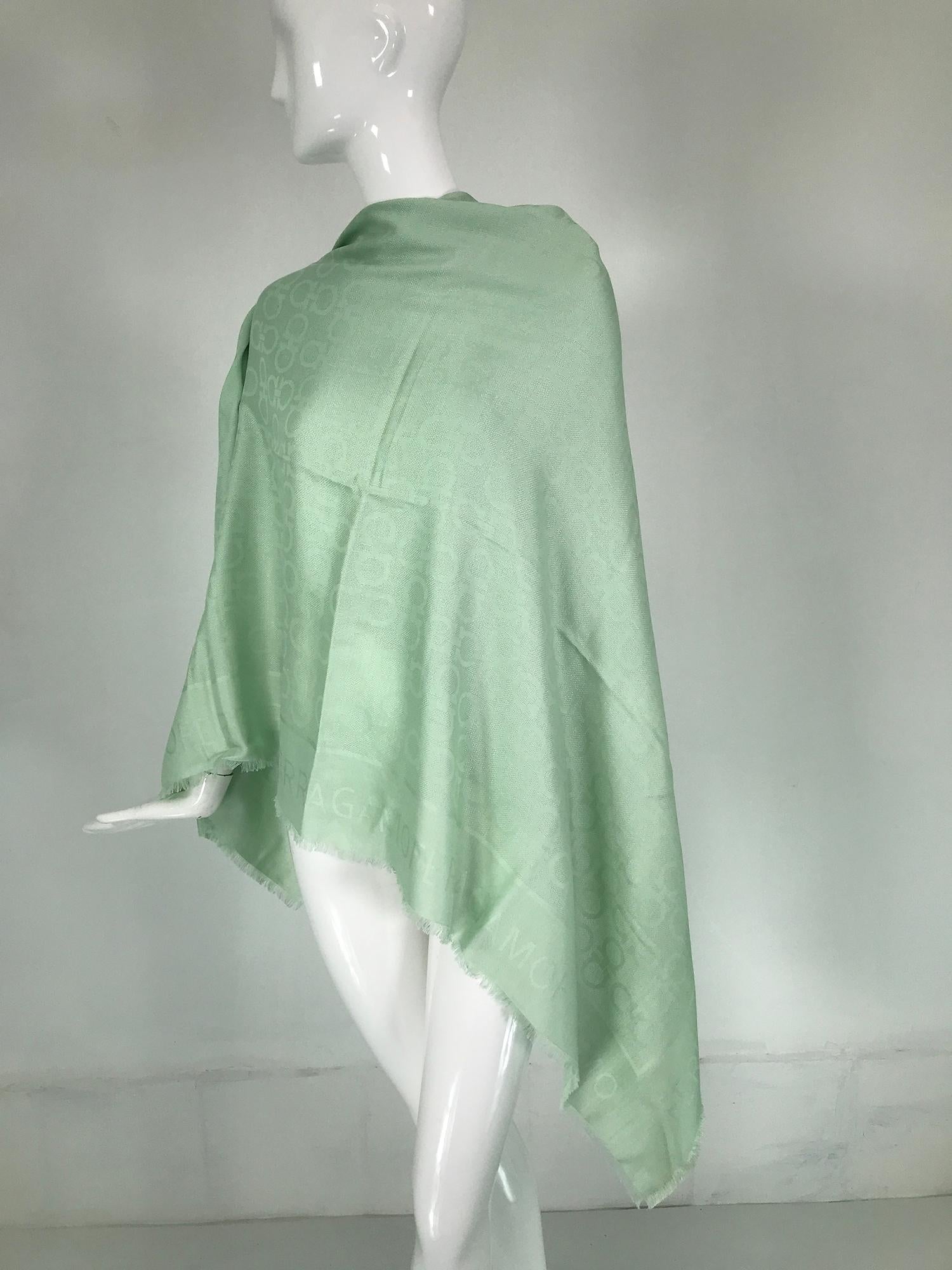 Salvatore Ferragamo Mint Green Silk & Wool Jacquard Shawl With Self Fringe For Sale 7