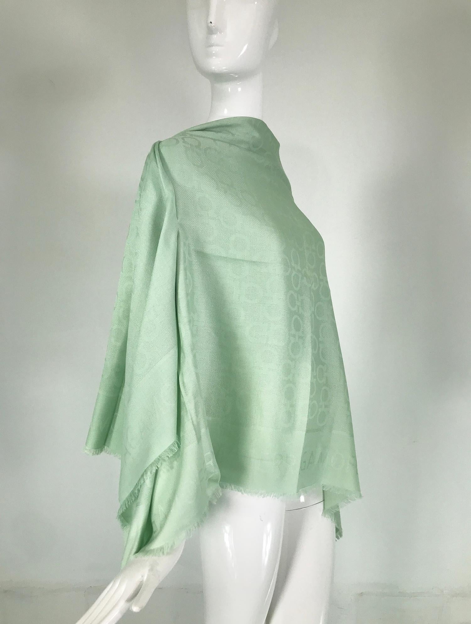 Women's or Men's Salvatore Ferragamo Mint Green Silk & Wool Jacquard Shawl With Self Fringe For Sale