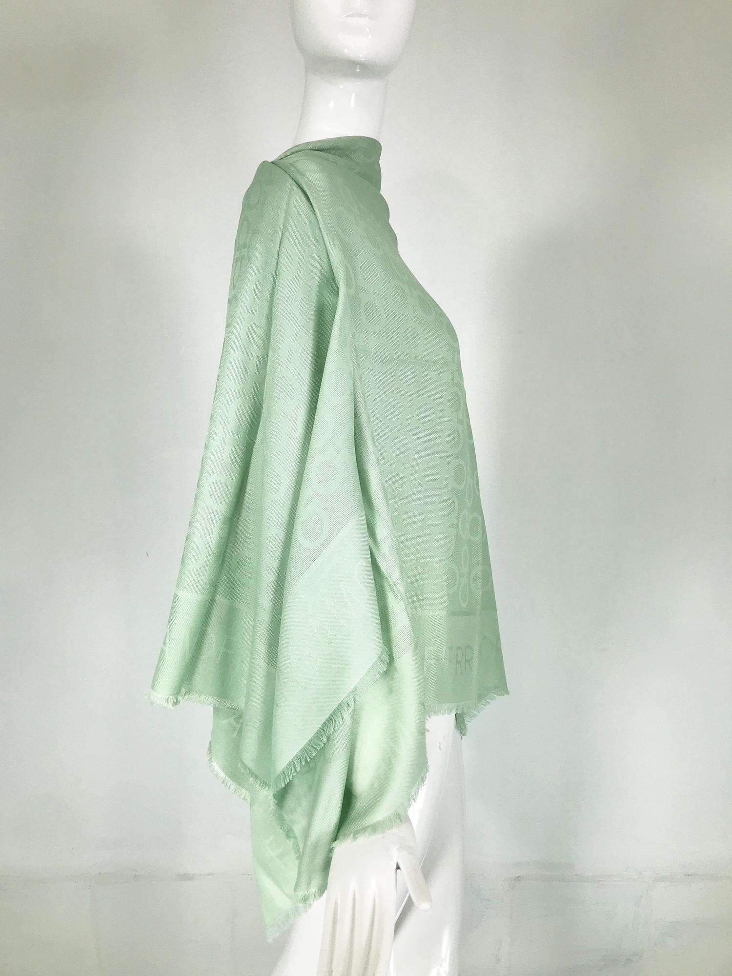 Salvatore Ferragamo Mint Green Silk & Wool Jacquard Shawl With Self Fringe For Sale 1