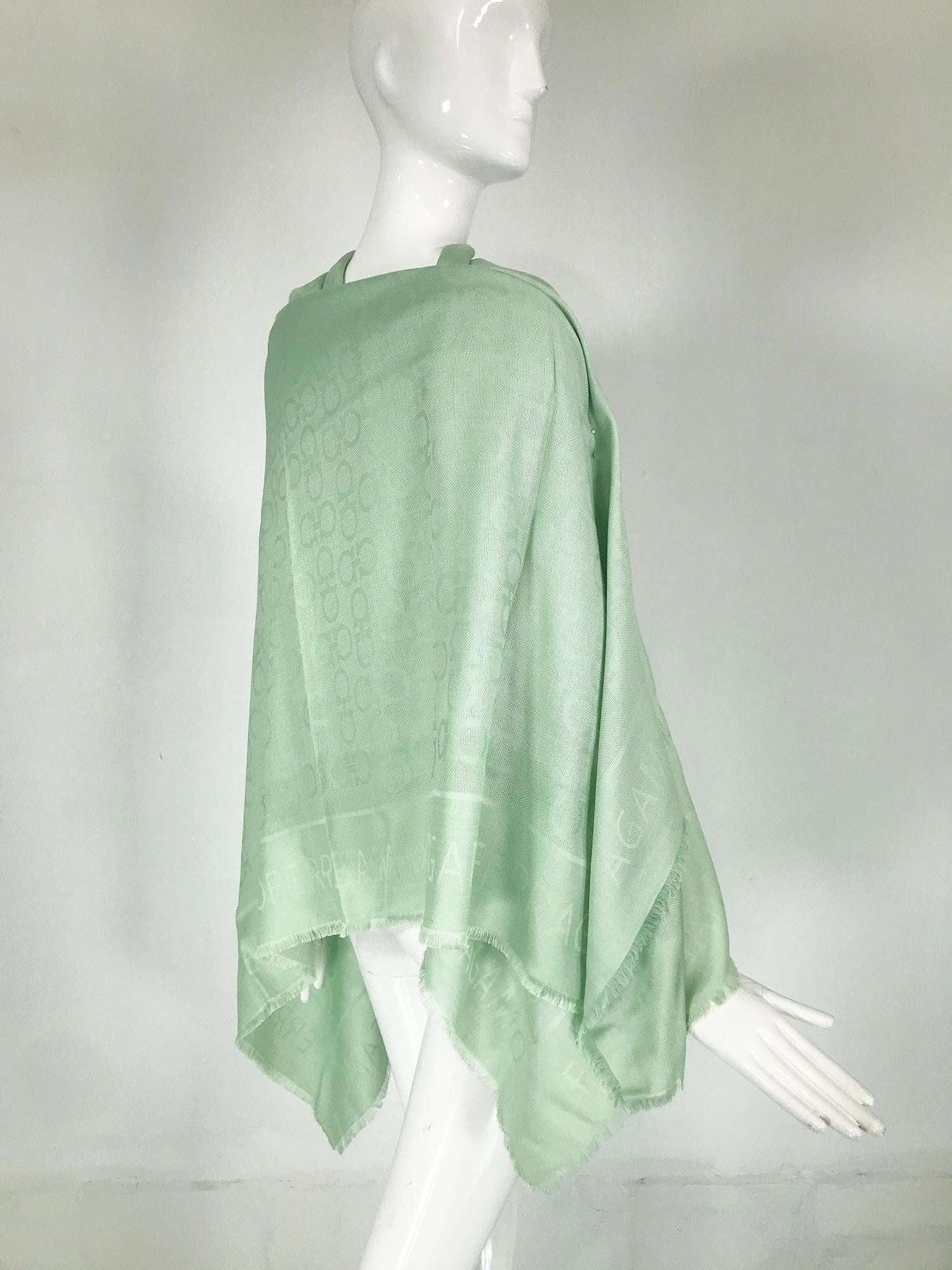 Salvatore Ferragamo Mint Green Silk & Wool Jacquard Shawl With Self Fringe For Sale 2