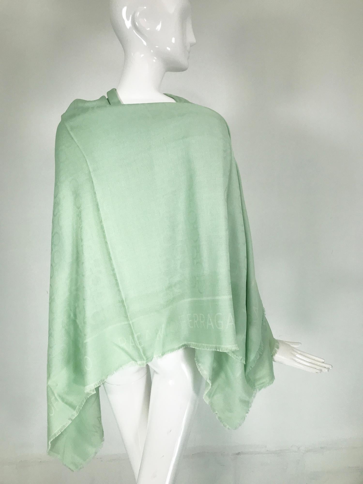 Salvatore Ferragamo Mint Green Silk & Wool Jacquard Shawl With Self Fringe For Sale 3
