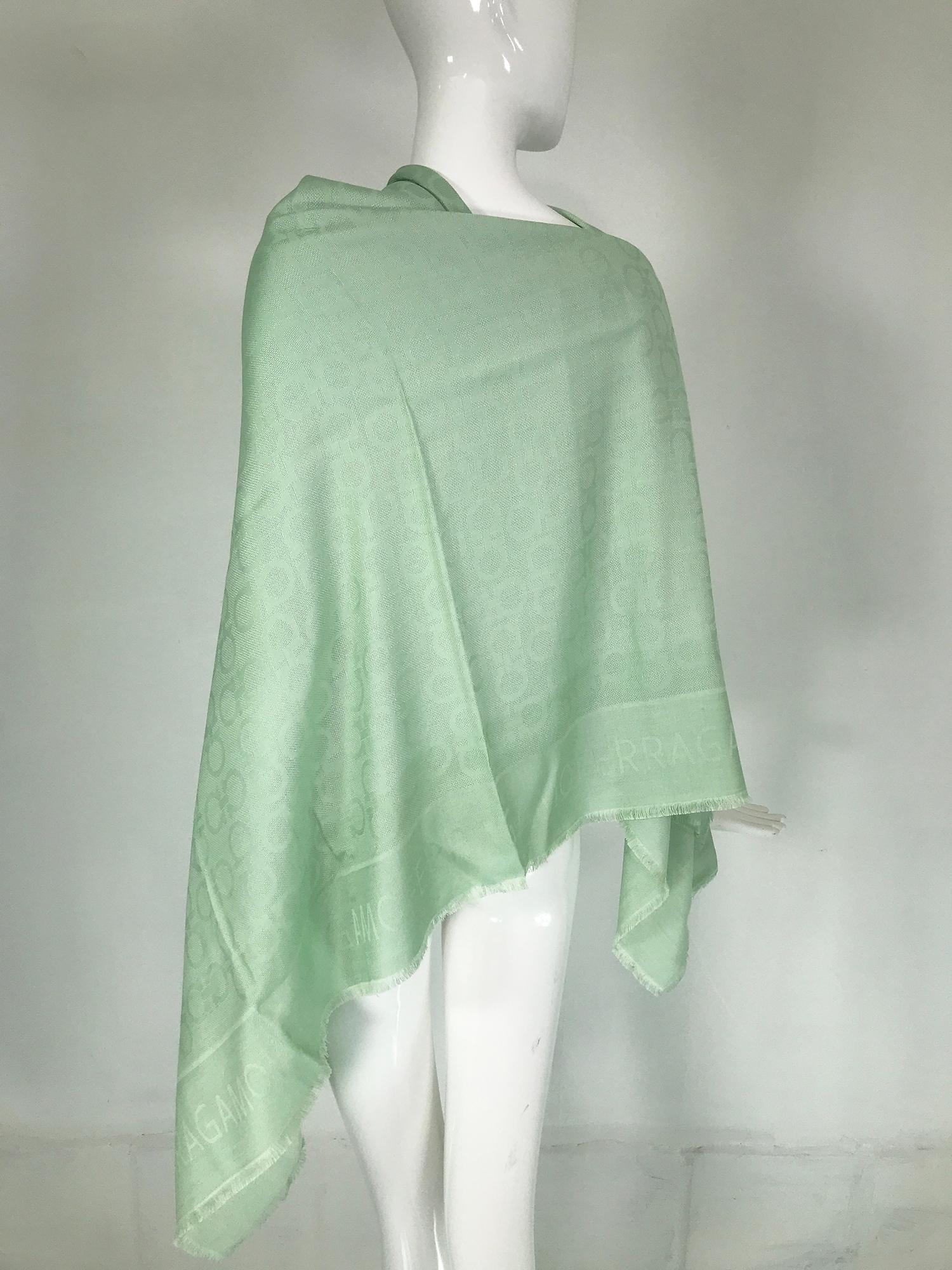 Salvatore Ferragamo Mint Green Silk & Wool Jacquard Shawl With Self Fringe For Sale 4