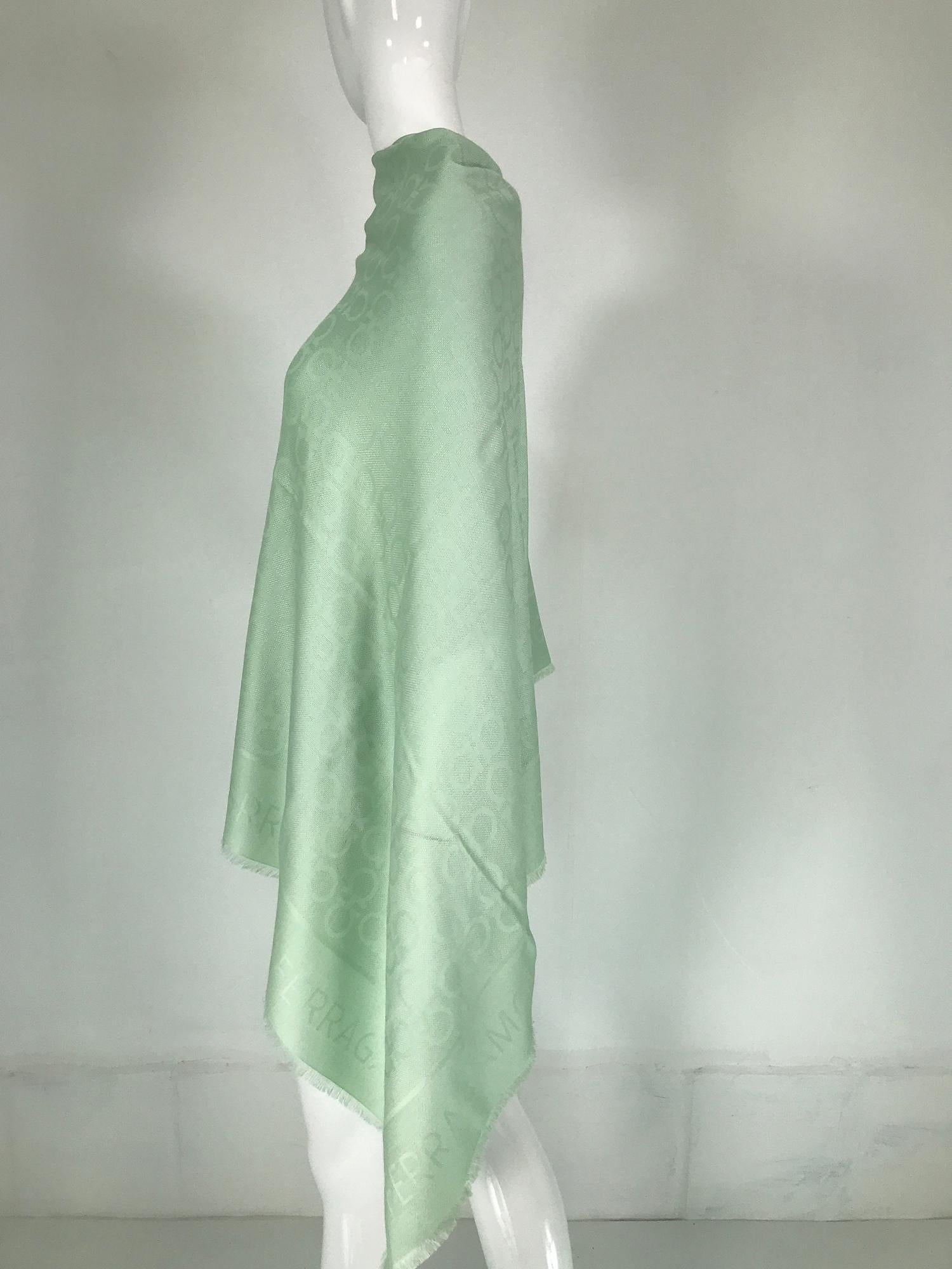 Salvatore Ferragamo Mint Green Silk & Wool Jacquard Shawl With Self Fringe For Sale 5