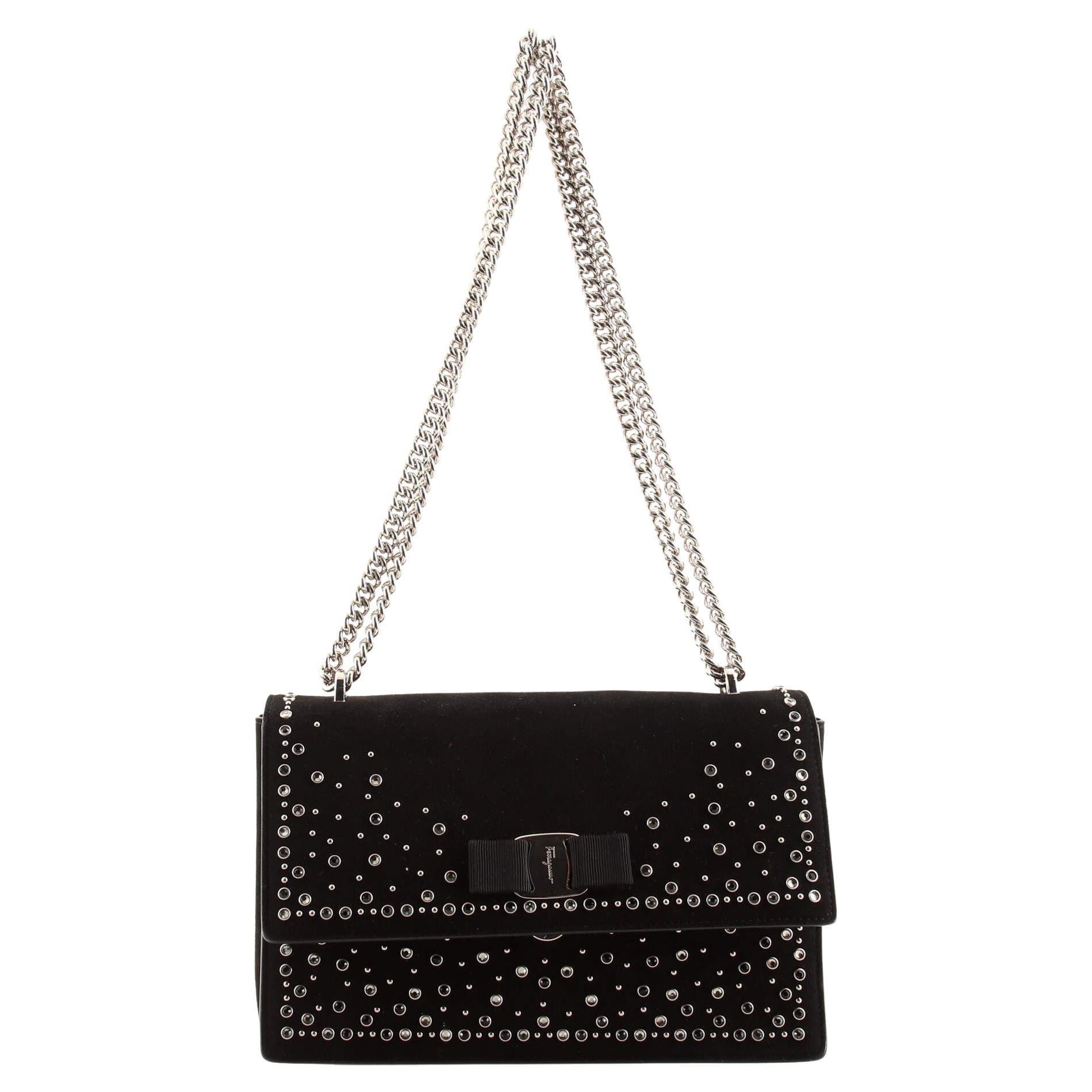 Salvatore Ferragamo Miss Vara Bow Crossbody Bag Studded Suede Medium