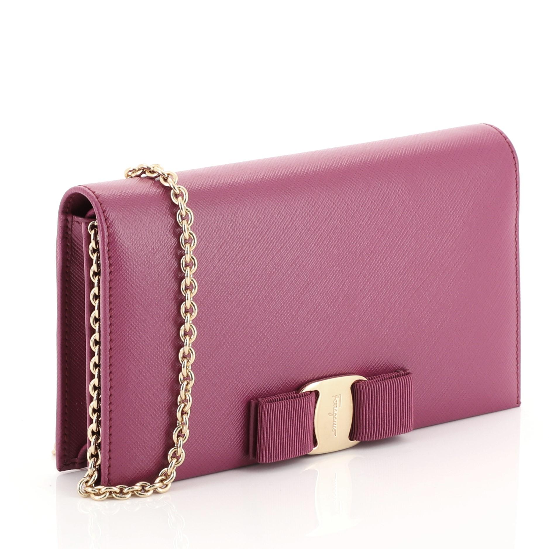 Pink Salvatore Ferragamo Miss Vara Chain Wallet Saffiano Leather 