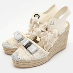 Salvatore Ferragamo Multicolor Fabric Leather Wedge Espadrille Sandals Size 37