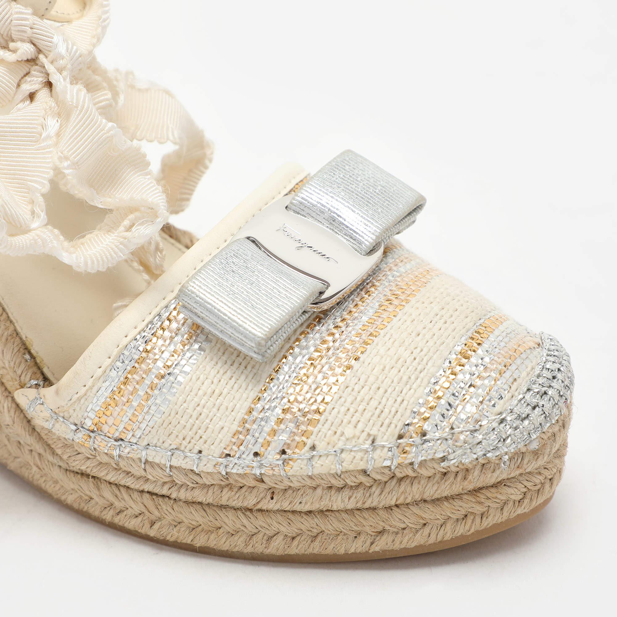 Salvatore Ferragamo Multicolor Fabric Leather Wedge Espadrille Sandals Size 37 For Sale 2