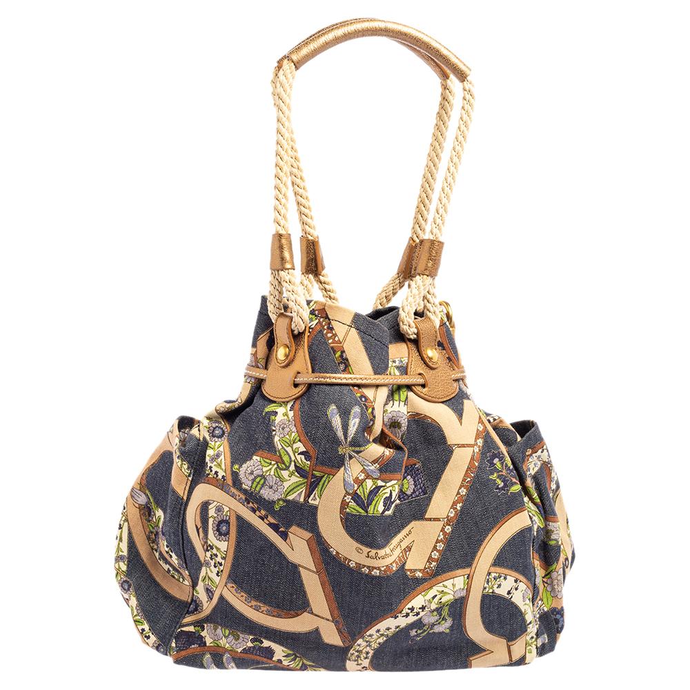 Salvatore Ferragamo Multicolor Gancini Floral Print Denim Shoulder Bag 4