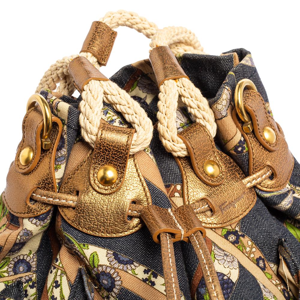 Brown Salvatore Ferragamo Multicolor Gancini Floral Print Denim Shoulder Bag