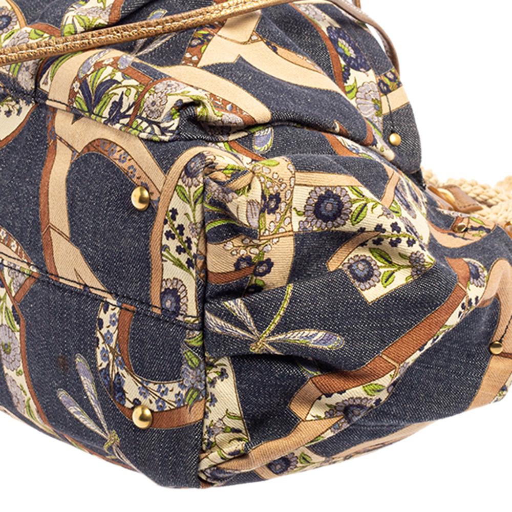 Salvatore Ferragamo Multicolor Gancini Floral Print Denim Shoulder Bag In Good Condition In Dubai, Al Qouz 2