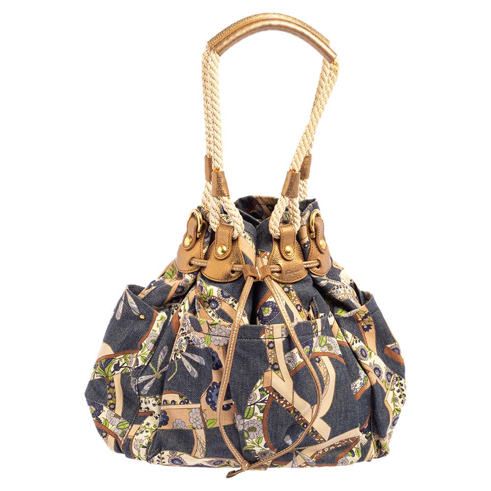 Women's Salvatore Ferragamo Multicolor Gancini Floral Print Denim Shoulder Bag