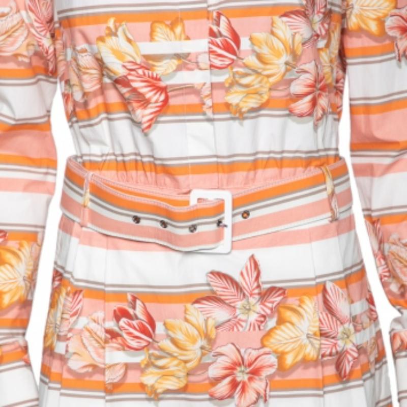Salvatore Ferragamo Vestido camisero de manga larga con cinturón de algodón estampado multicolor M Beige en venta