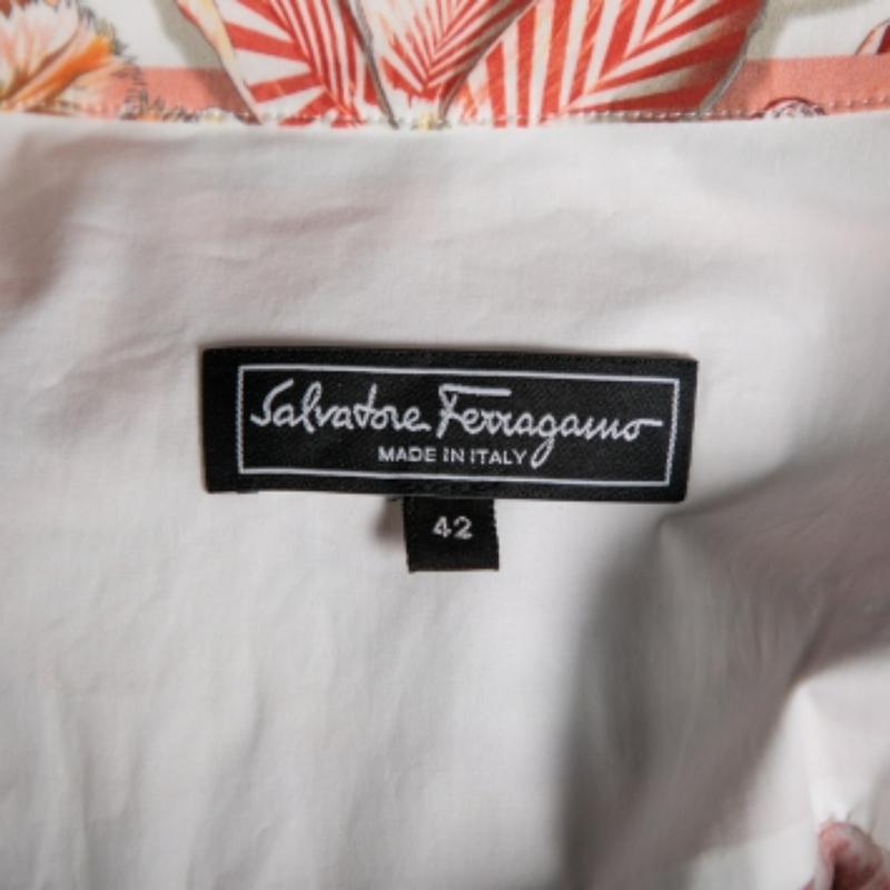 Salvatore Ferragamo Vestido camisero de manga larga con cinturón de algodón estampado multicolor M en venta 4