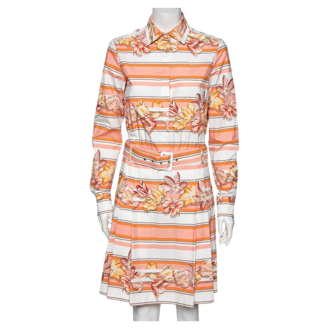 Salvatore Ferragamo Multicolor Printed Cotton Belted Long Sleeve Shirt Dress M For Sale