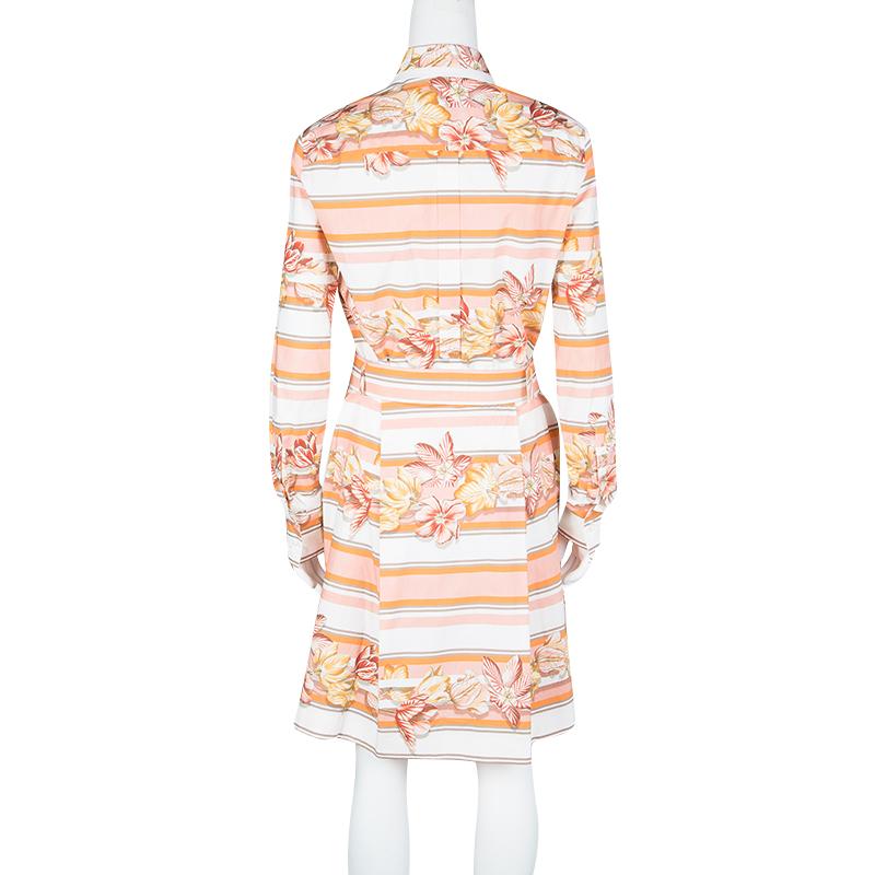 Salvatore Ferragamo Multicolor Printed Cotton Belted Long Sleeve Shirt Dress S (Weiß)