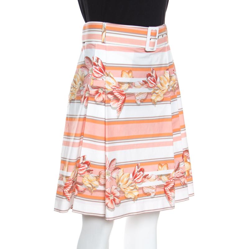 White Salvatore Ferragamo Multicolor Printed Cotton Belted Pleated Skirt M