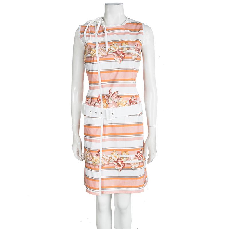 Beige Salvatore Ferragamo Multicolor Printed Cotton Belted Wrap Dress M