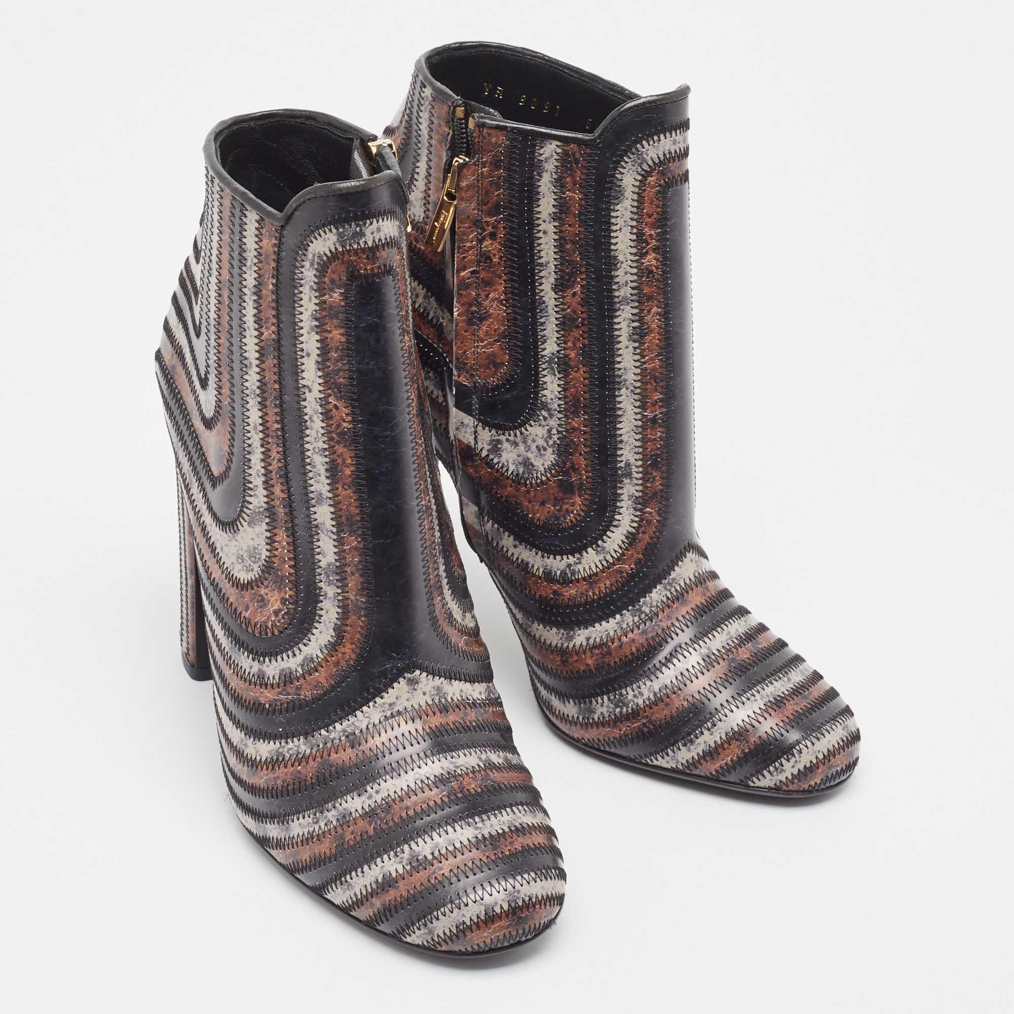 Gray Salvatore Ferragamo Multicolor Printed Leather Feeling Ankle Boots Size 39.5 For Sale