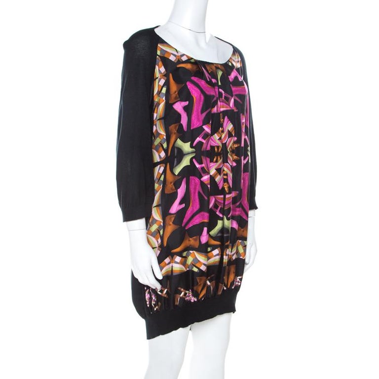 Salvatore Ferragamo Multicolor Printed Silk and Knit Long Sleeve Dress ...