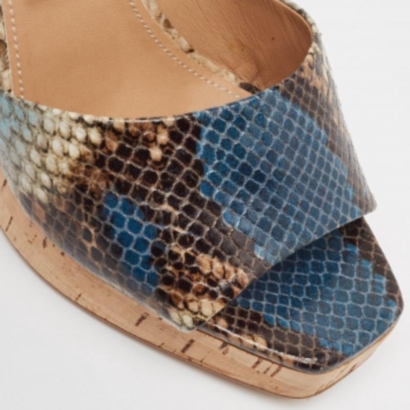 Brown Salvatore Ferragamo Multicolor Python Embossed Ankle Strap Wedge Sandals Size 38 For Sale