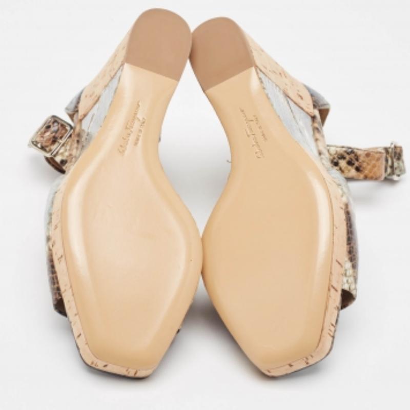 Salvatore Ferragamo Multicolor Python Embossed Ankle Strap Wedge Sandals Size 38 In Good Condition For Sale In Dubai, Al Qouz 2