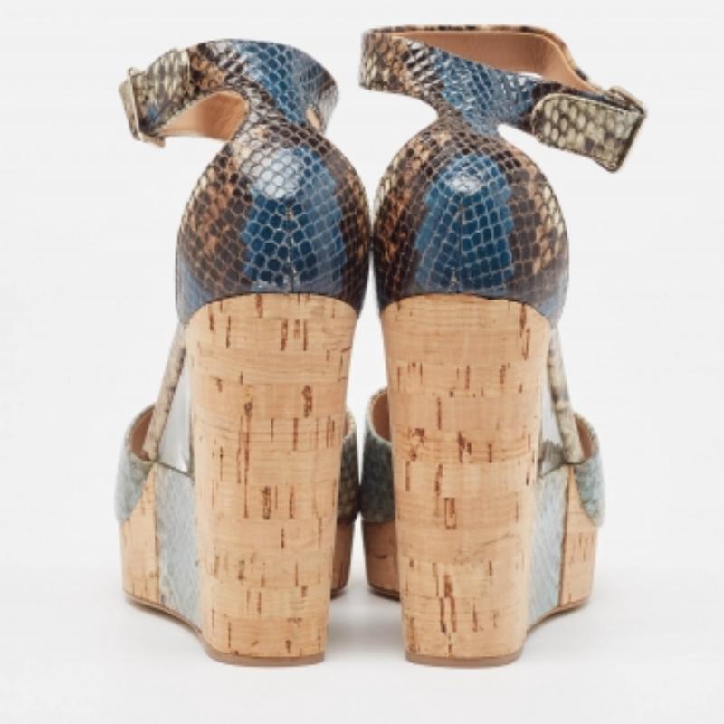 Women's Salvatore Ferragamo Multicolor Python Embossed Ankle Strap Wedge Sandals Size 38 For Sale
