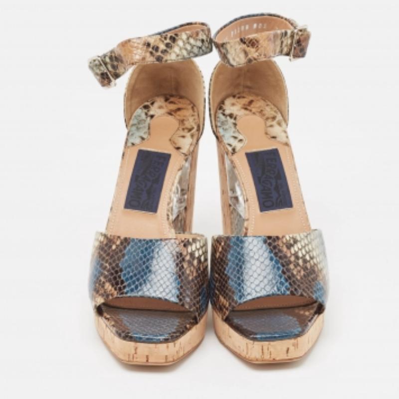 Salvatore Ferragamo Multicolor Python Embossed Ankle Strap Wedge Sandals Size 38 For Sale 1