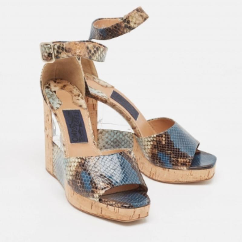 Salvatore Ferragamo Multicolor Python Embossed Ankle Strap Wedge Sandals Size 38 For Sale 2