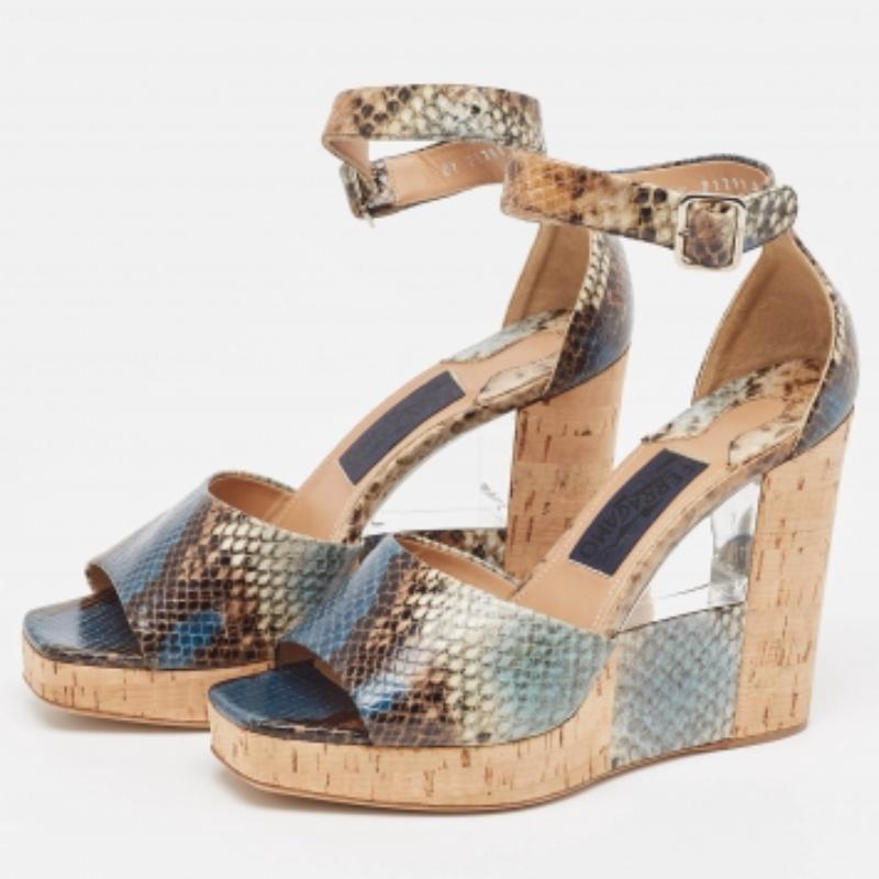 Salvatore Ferragamo Multicolor Python Embossed Ankle Strap Wedge Sandals Size 38 For Sale 3