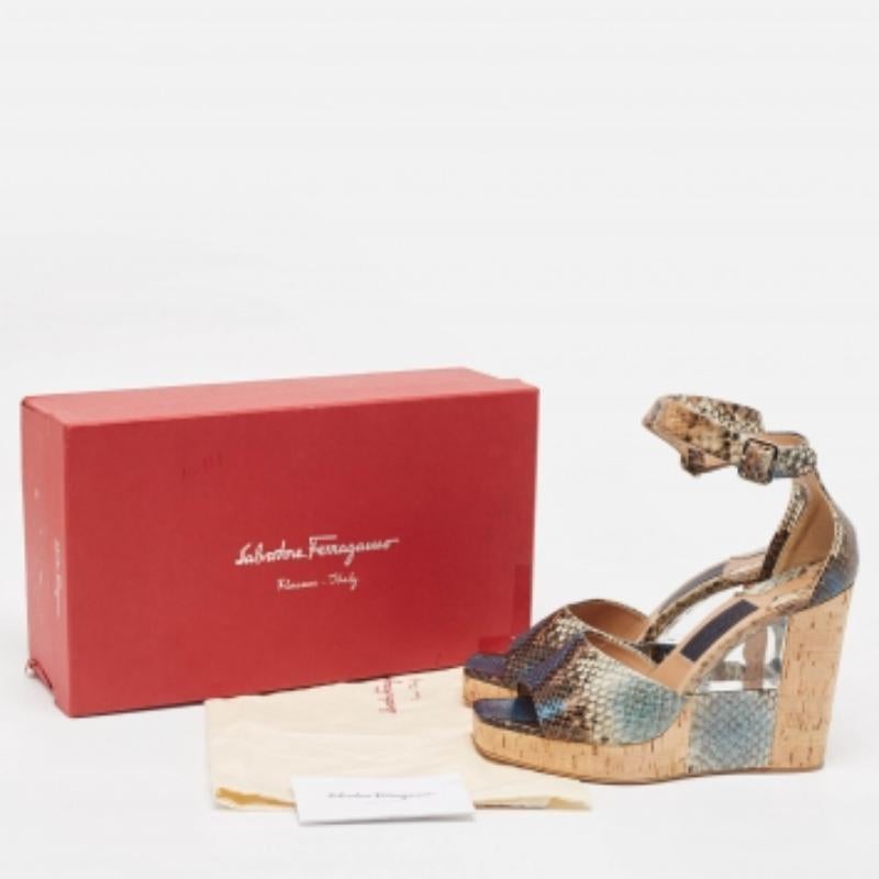 Salvatore Ferragamo Multicolor Python Embossed Ankle Strap Wedge Sandals Size 38 For Sale 4