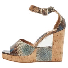 Salvatore Ferragamo Multicolor Python Embossed Cork Wedge Ankle Sandals Size 38