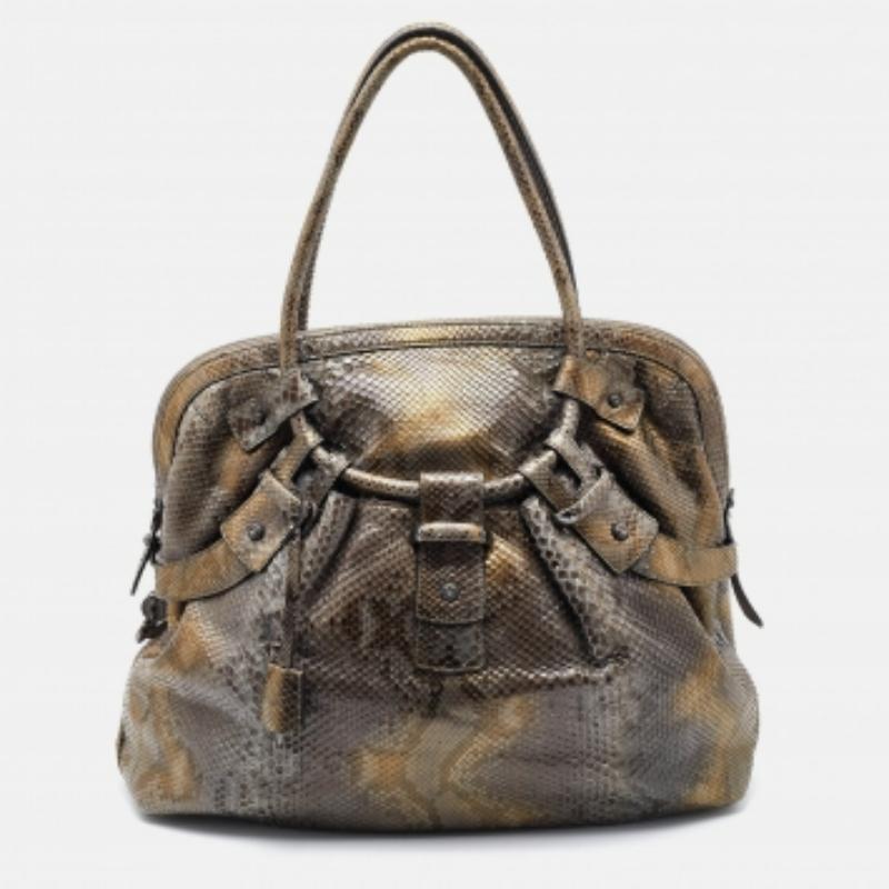 Elevate your style and have your essentials with you as you carry this authentic bag. Crafted using python leather, the bag has two handles, grey-tone hardware, and a lined interior.
