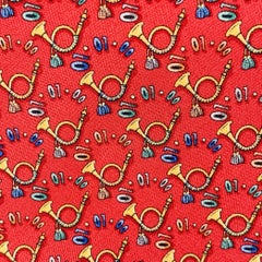 SALVATORE FERRAGAMO Musical Horns Red Yellow Print Silk Tie