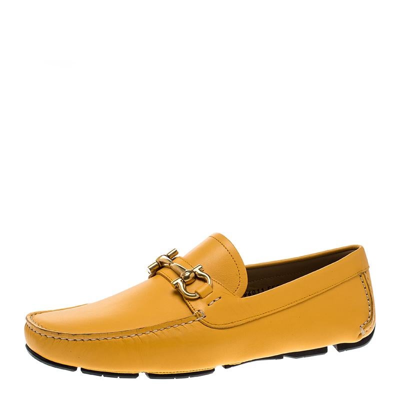 Salvatore Ferragamo Mustard Leather Parigi Gancini Driver Loafers Size 41