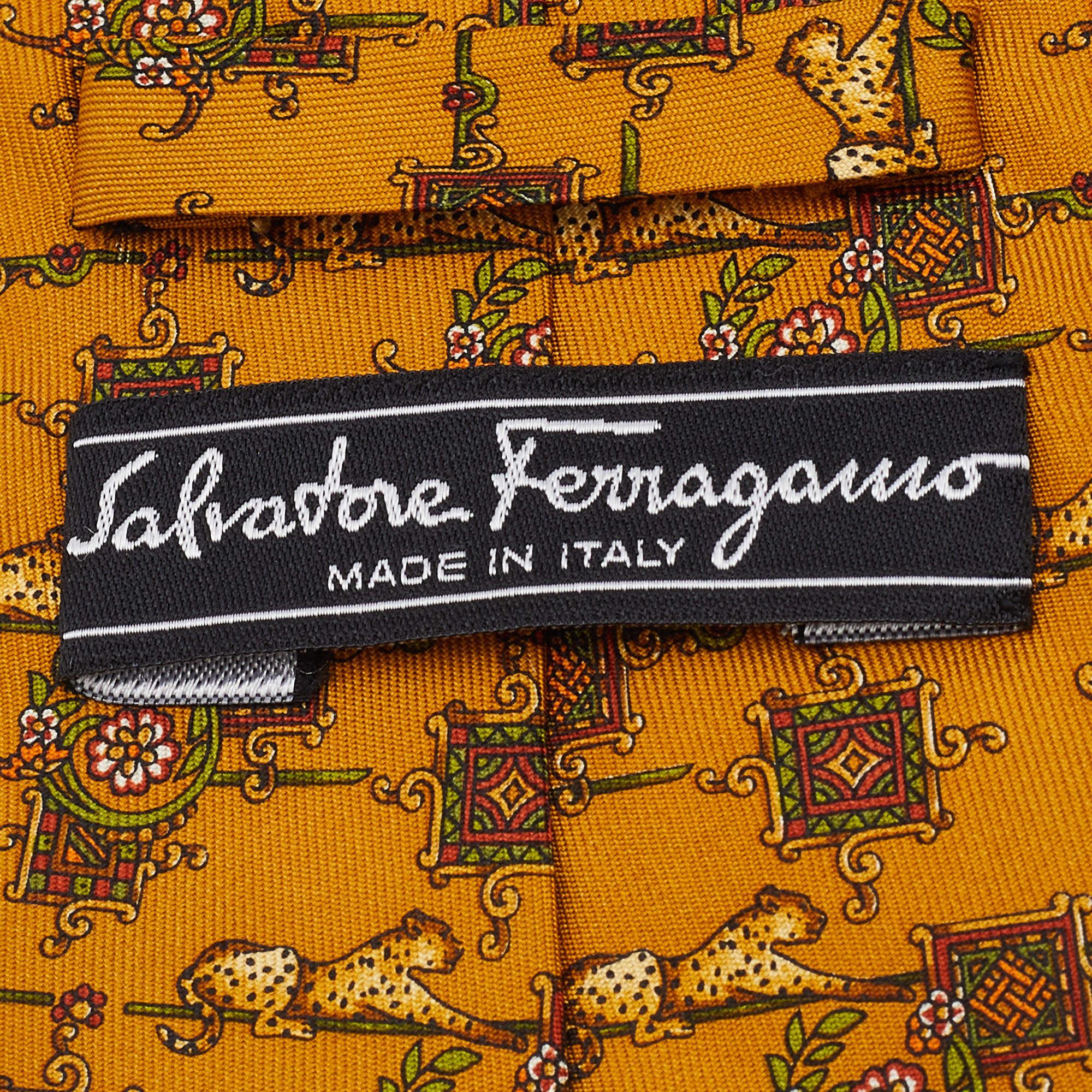 Salvatore Ferragamo Mustard Yellow Animal Print Silk Tie In Good Condition In Dubai, Al Qouz 2