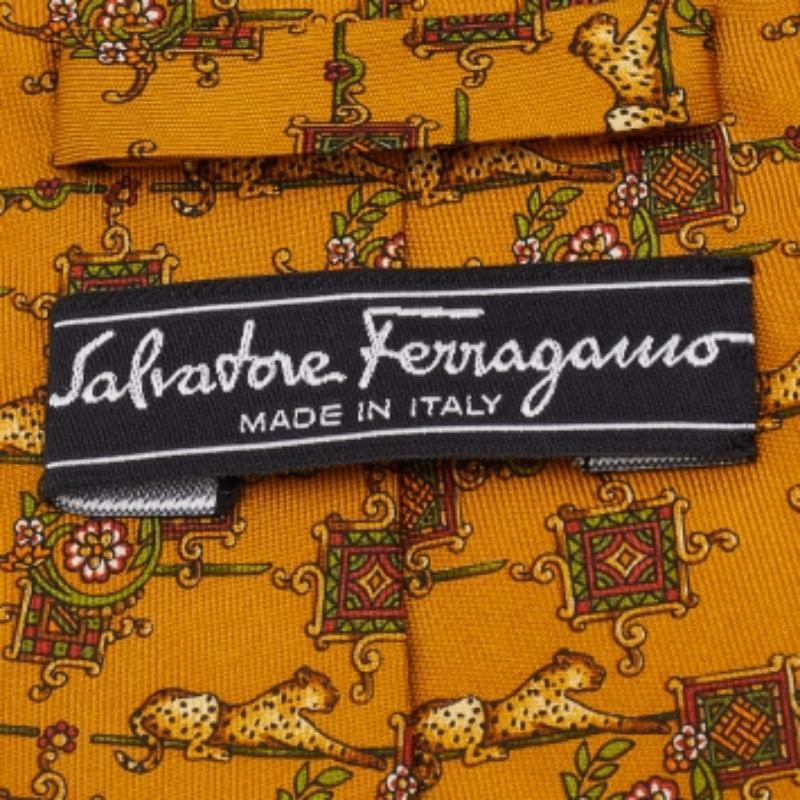 Salvatore Ferragamo Mustard Yellow Animal Print Silk Tie In Good Condition For Sale In Dubai, Al Qouz 2