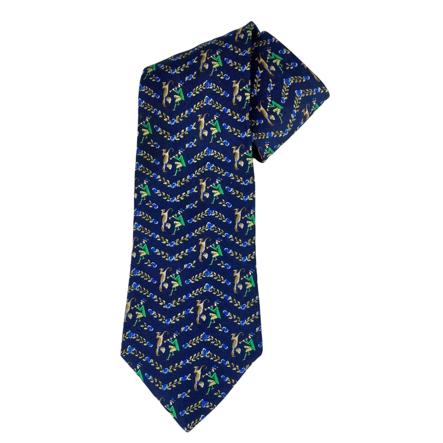 Black Salvatore Ferragamo Navy and Green Print Tie