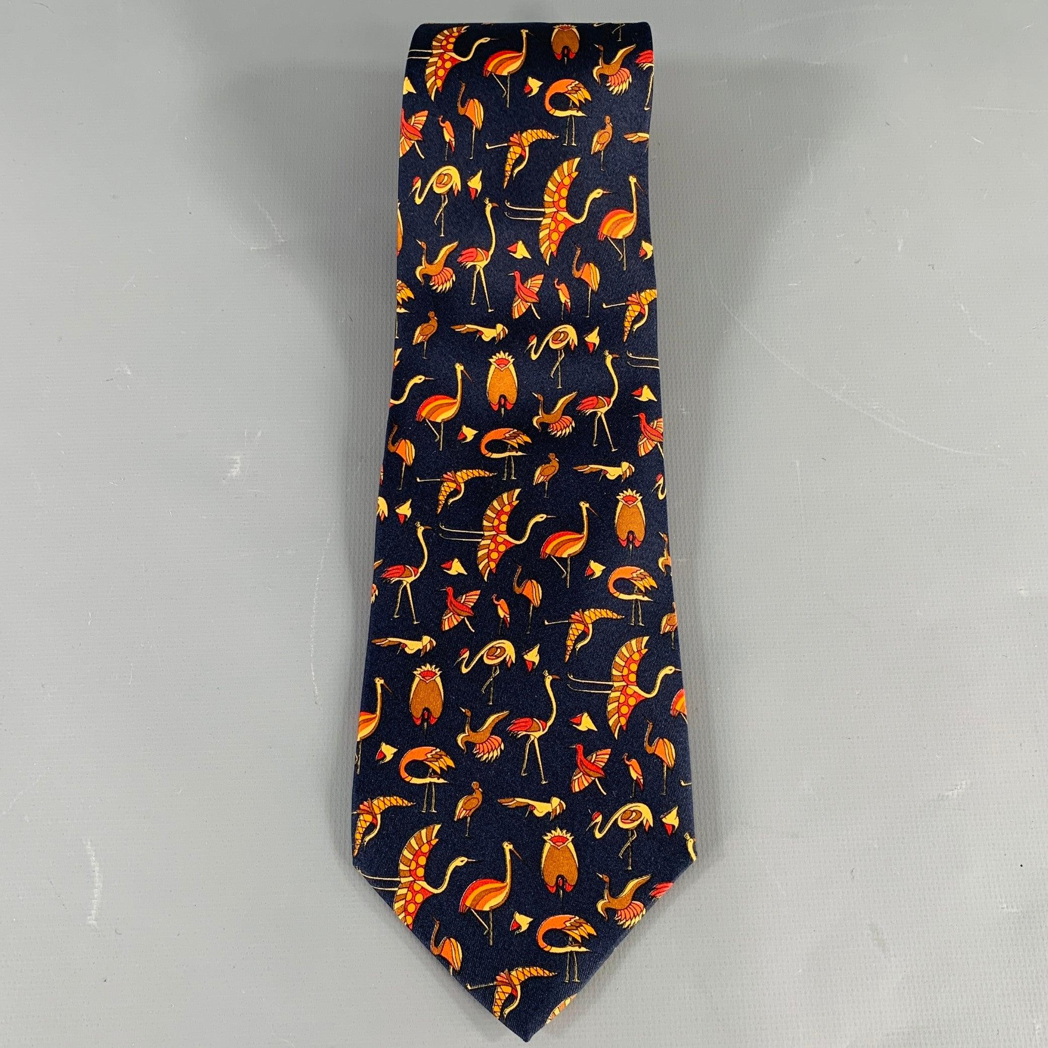 Black SALVATORE FERRAGAMO Navy Beige Red Birds Silk Tie