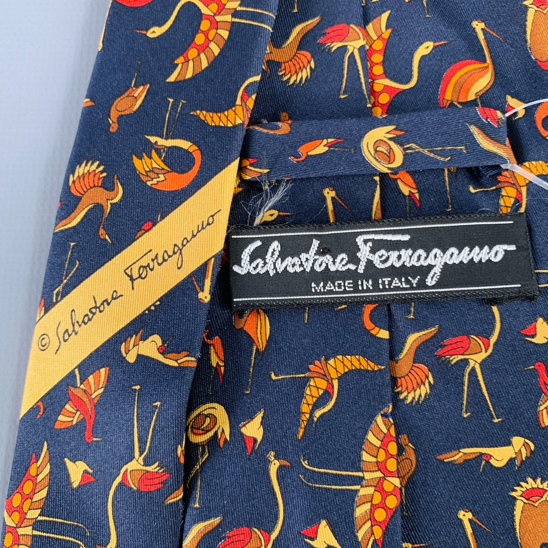 SALVATORE FERRAGAMO Navy Beige Red Birds Silk Tie In Excellent Condition In San Francisco, CA