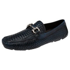 Salvatore Ferragamo Navy Blue/Black Woven Parigi Gancio Bit Loafers Size 44.5