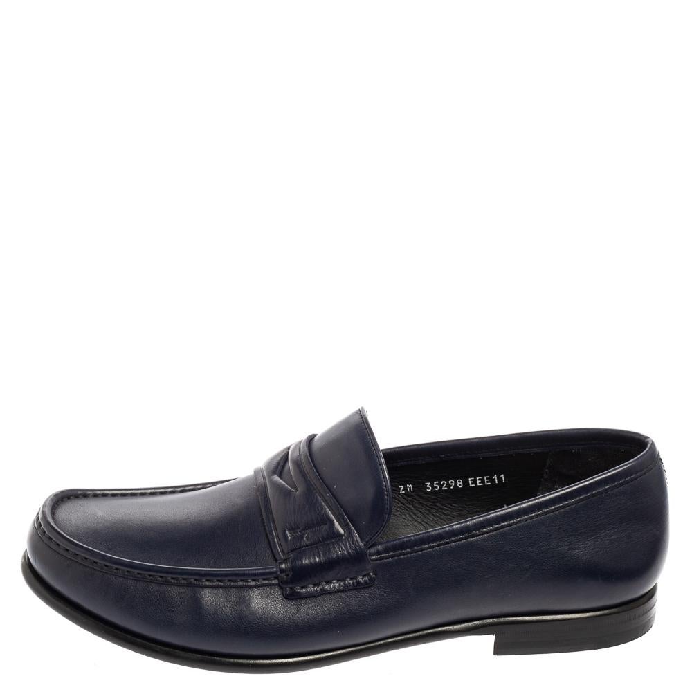 Men's Salvatore Ferragamo Navy Blue Leather Connor Loafers Size 45