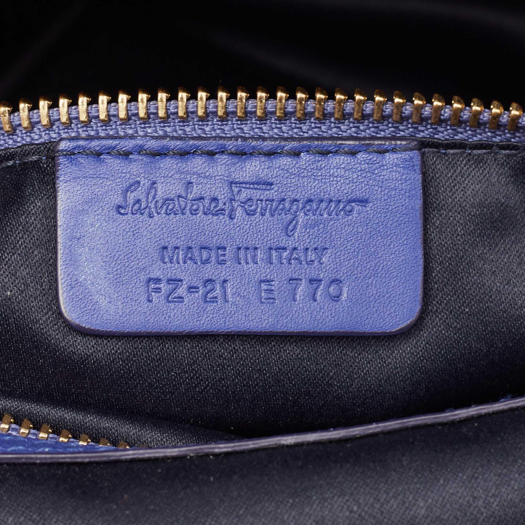 Salvatore Ferragamo Navy Blue Leather Fiamma Satchel For Sale 8