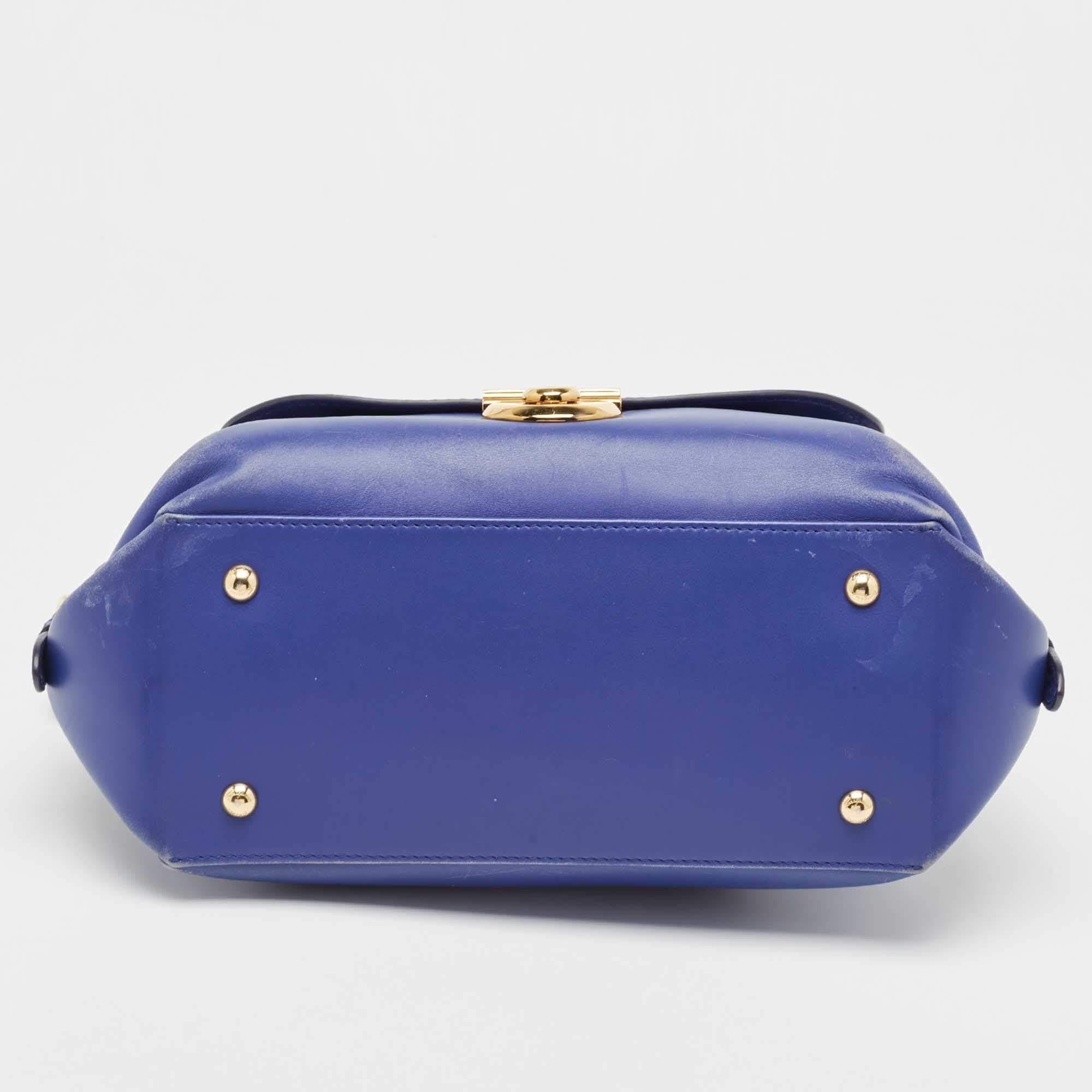 Salvatore Ferragamo Navy Blue Leather Fiamma Satchel For Sale 11