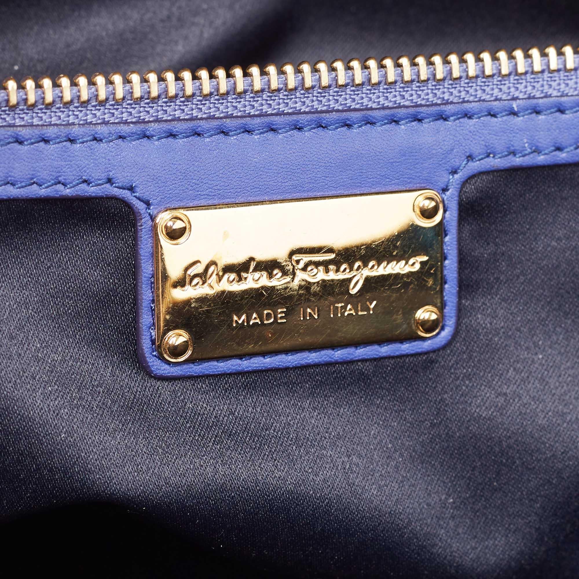 Salvatore Ferragamo Navy Blue Leather Fiamma Satchel For Sale 3