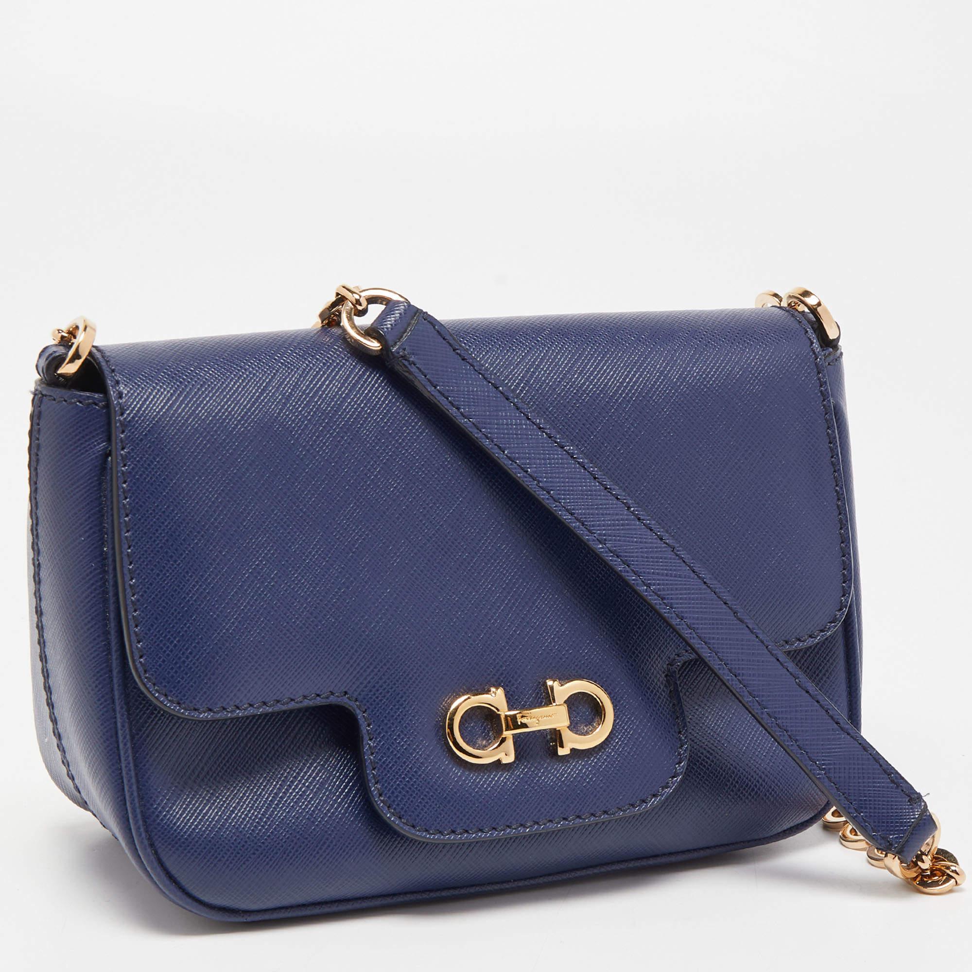 Women's Salvatore Ferragamo Navy Blue Leather Gancini Flap Crossbody Bag